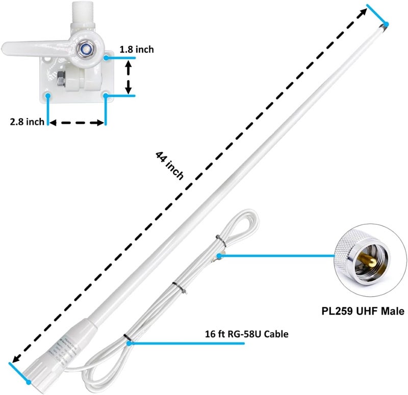 fmuser VM100 VHF Marine Radio Antenna,44 Inch Waterproof Fiberglass Boat Antenna with Adjustable Ratchet Fixed Mount and 16 ft RG-58U Cable - Image 3